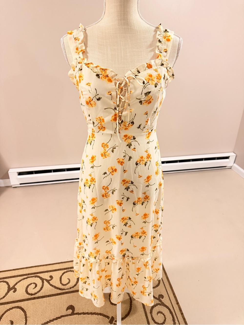 Goodnight Macaroon Cream Midi Dress with Yellow Floral Print